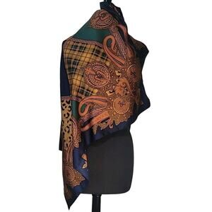 VTG Silk Satin Square Scarf Brown Orange Tan Print Retro Accessory EUC